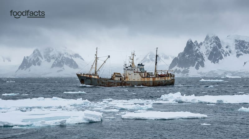A commercial fishing trawler on a grey Antarctic sea among floating ice with snowy mountains behind