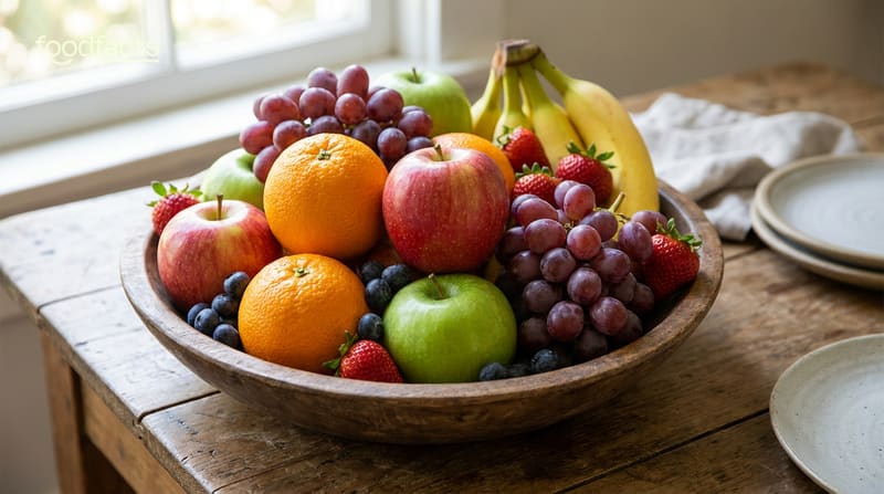 A wooden bowl of fresh whole fruit including apples, oranges, grapes, bananas, strawberries and blueberries