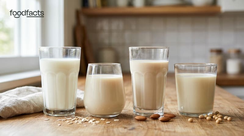 Four glasses of different milks, dairy, oat, almond and soy, in a row on a kitchen counter