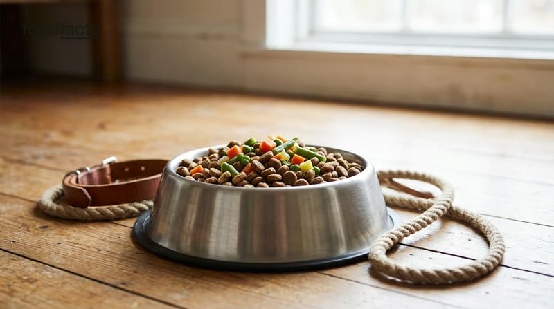 A stainless steel dog bowl of kibble mixed with fresh vegetables beside a collar and lead on a wooden floor
