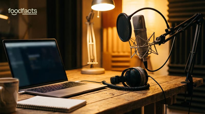 A podcast recording setup with a studio microphone, headphones and a laptop on a desk