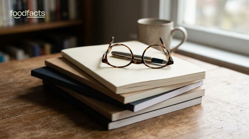A stack of academic research journals with reading glasses and a pen resting on top on a wooden desk