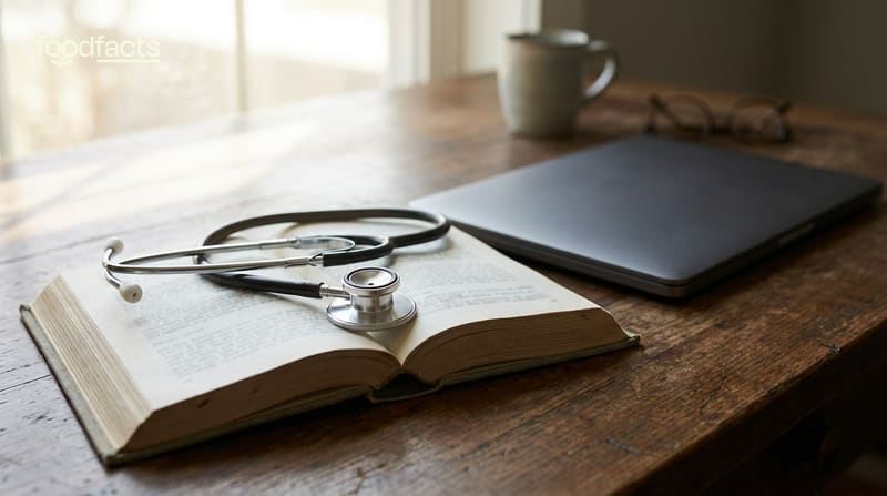 A doctor's stethoscope resting on an open medical journal beside a laptop on a wooden desk