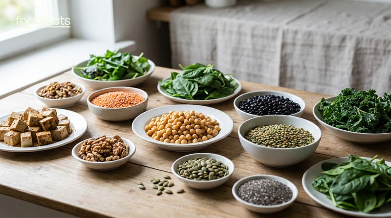 A spread of plant based protein foods including tofu, chickpeas, lentils, beans, nuts, seeds and leafy greens in bowls