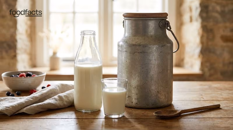 A glass and a glass bottle of fresh milk beside a metal churn on a rustic farmhouse table