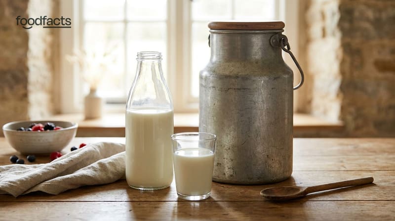 A glass and a glass bottle of fresh milk beside a metal churn on a rustic farmhouse table