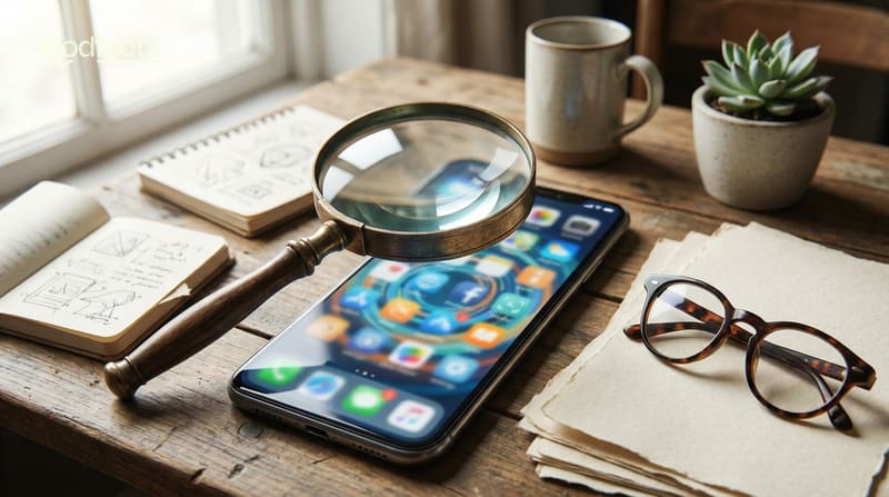 A magnifying glass over a smartphone showing a social media app grid, with papers and reading glasses on a desk