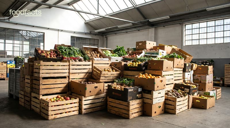 Wooden crates and boxes of rescued fresh fruit and vegetables in a bright food rescue warehouse