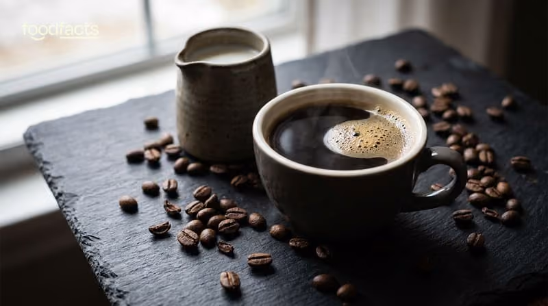 A cup of black coffee with a jug of milk and scattered coffee beans on a dark slate surface