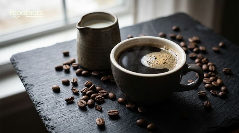 A cup of black coffee with a jug of milk and scattered coffee beans on a dark slate surface