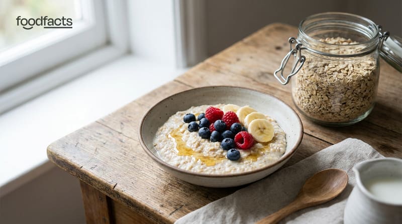 A bowl of porridge oats topped with berries, banana and honey beside a jar of rolled oats on a wooden table