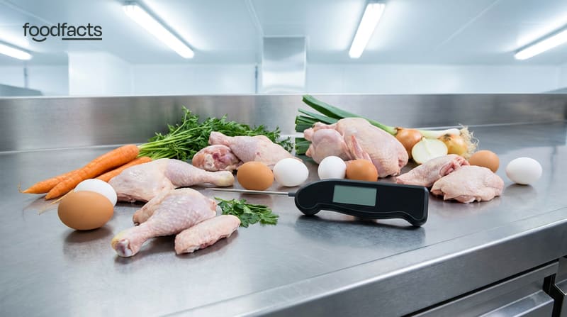 Raw chicken, eggs and fresh vegetables on a stainless steel counter with a digital food thermometer