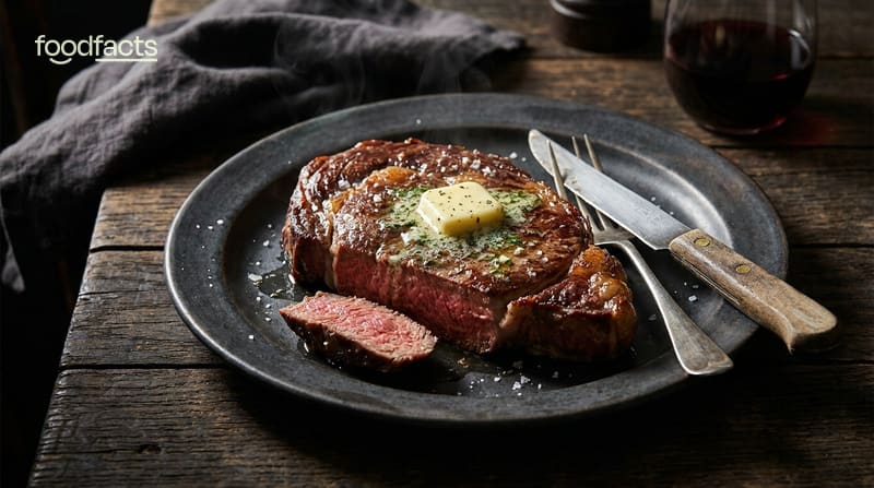 A cooked ribeye steak topped with melting butter on a dark plate with cutlery