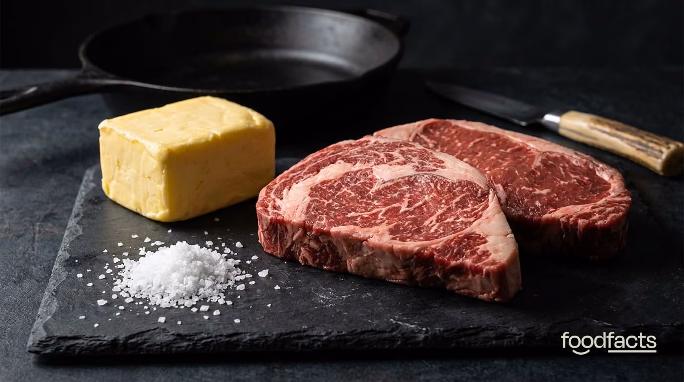 Two raw marbled ribeye steaks with a block of butter, coarse salt and a cast iron pan on a dark slate surface