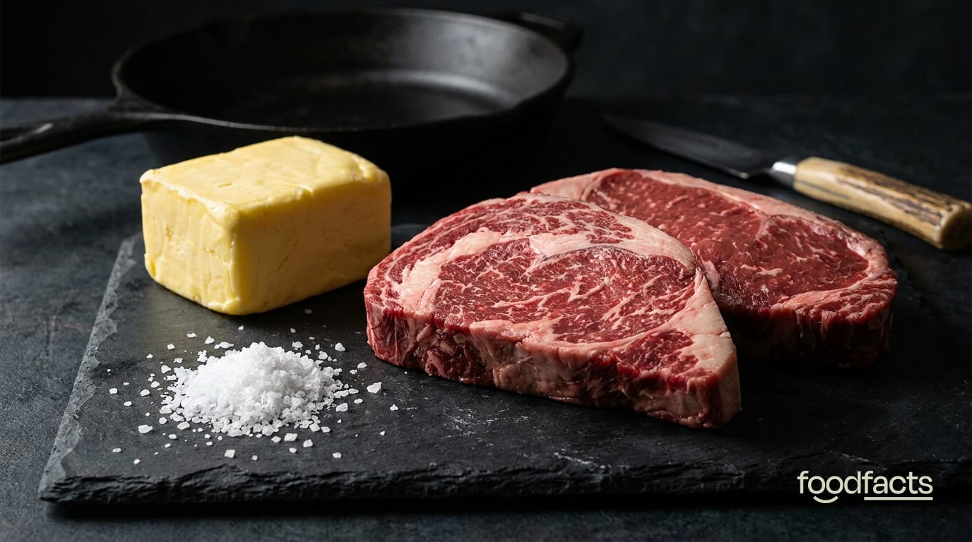 Two raw marbled ribeye steaks with a block of butter, coarse salt and a cast iron pan on a dark slate surface