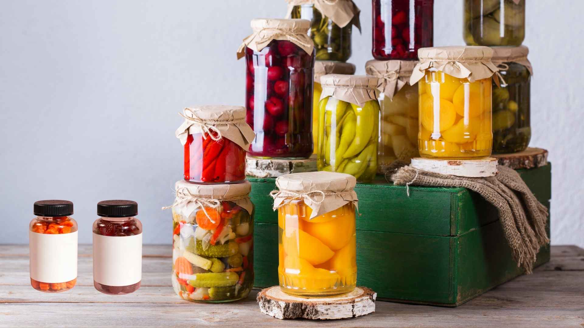 Jars of fermented food next to bottles of supplements