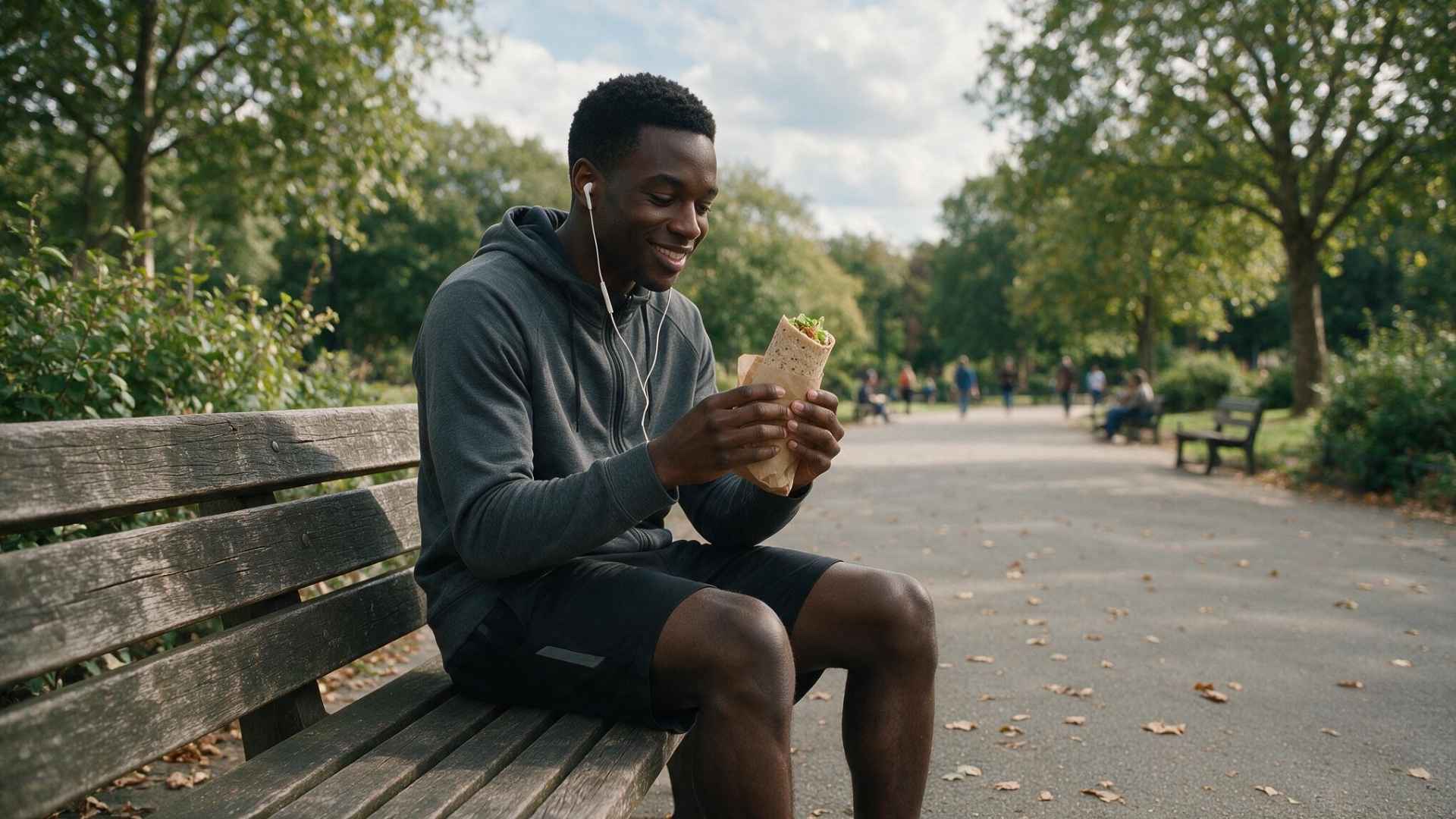 A person eats a wholegrain wrap