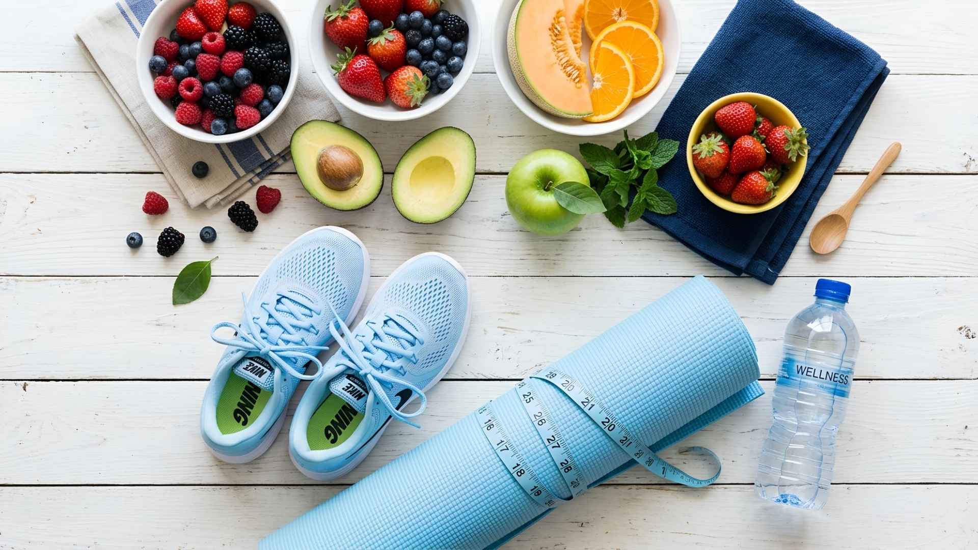 A yoga mat next to fruits