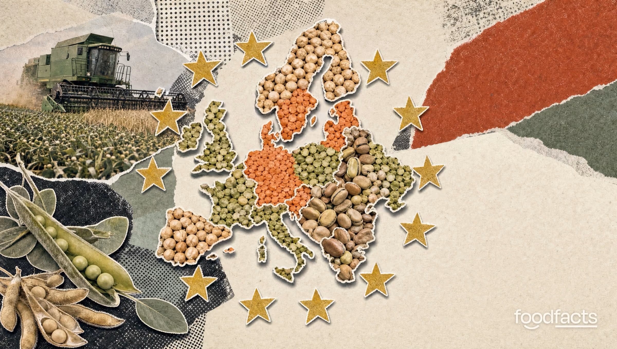 Cut-paper collage of a map of Europe filled with chickpeas, lentils and beans, ringed by gold stars, with a combine harvester and pea pods, illustrating the EU Protein Plan