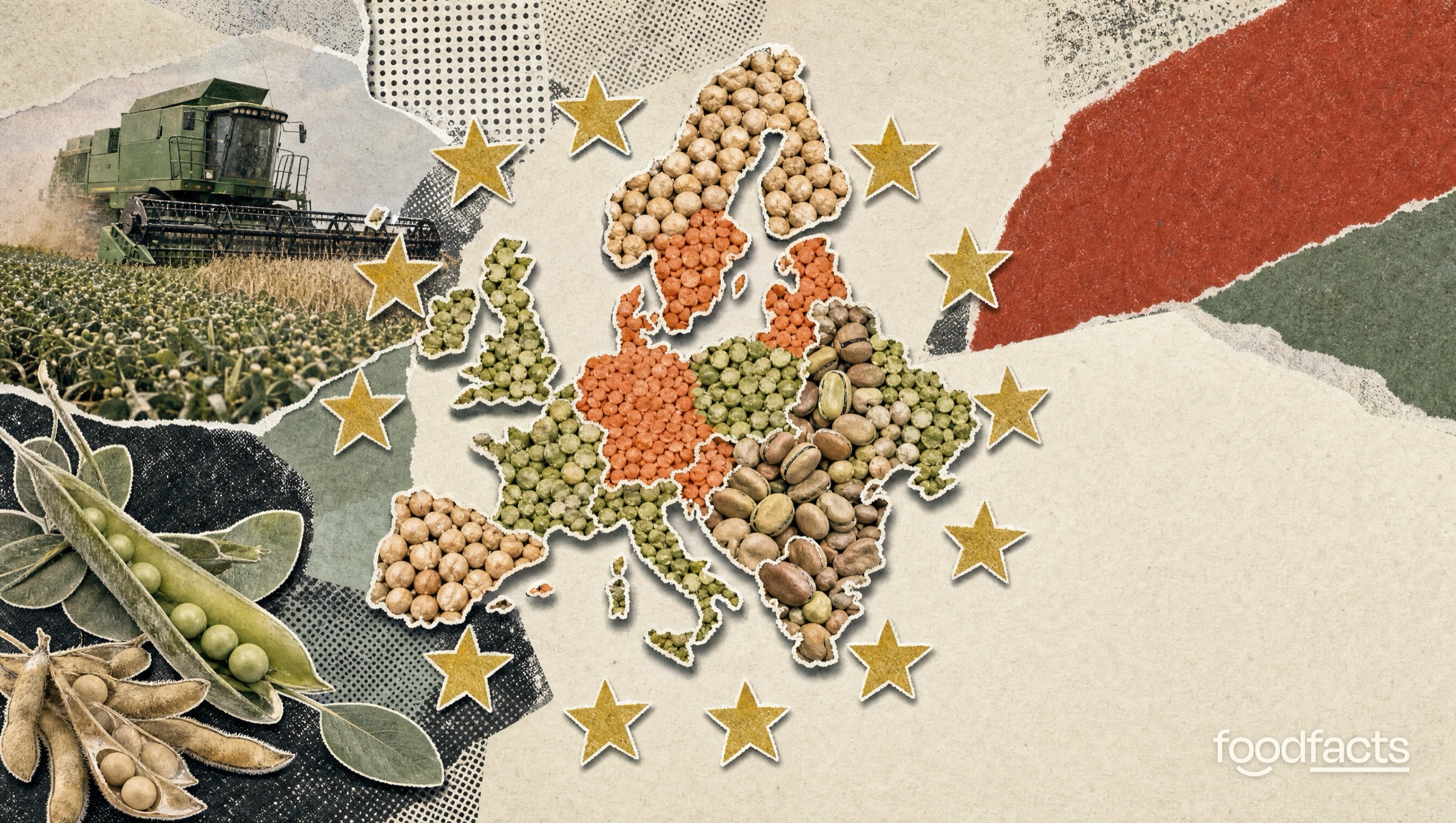 Cut-paper collage of a map of Europe filled with chickpeas, lentils and beans, ringed by gold stars, with a combine harvester and pea pods, illustrating the EU Protein Plan