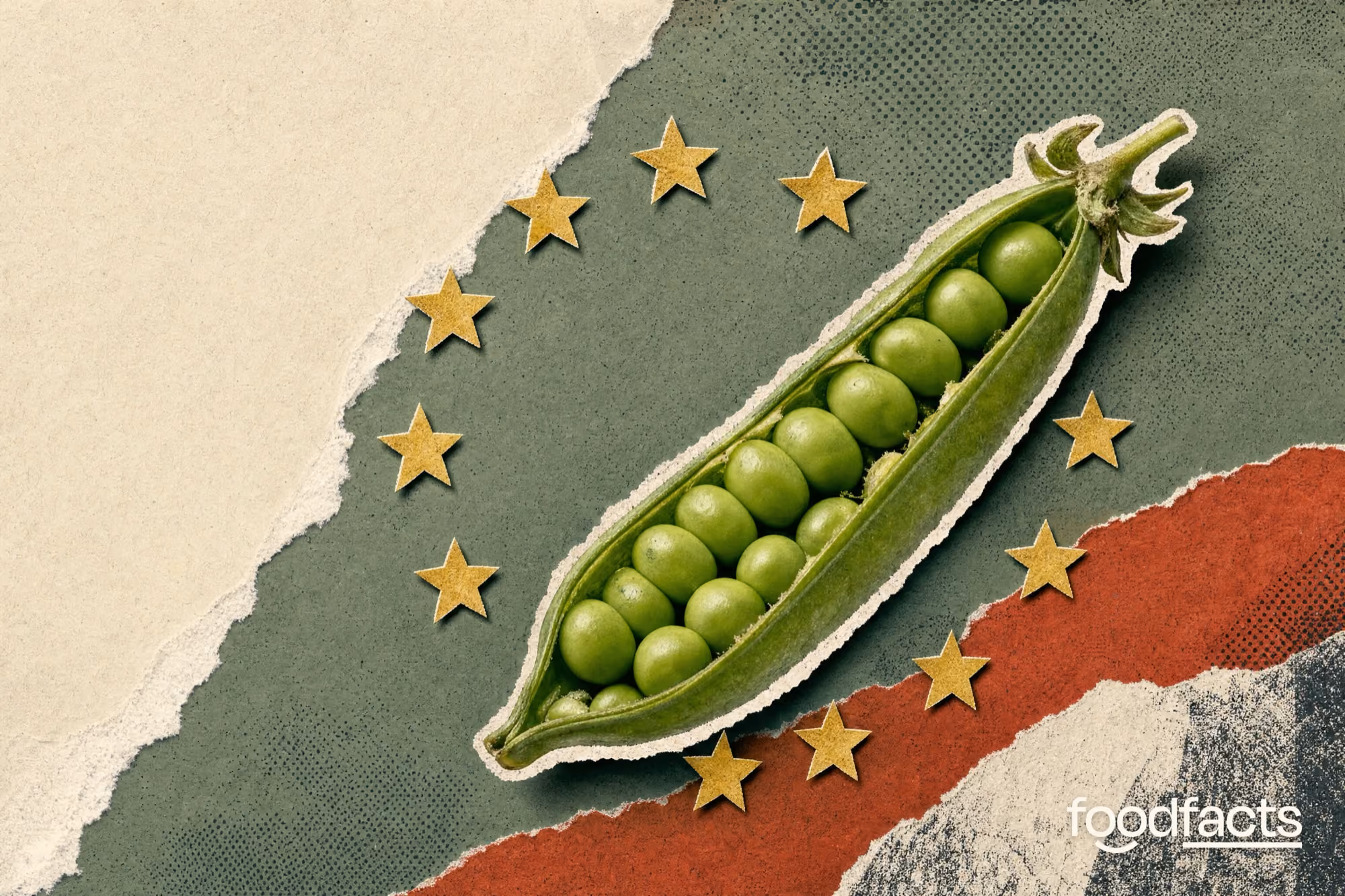 Cut-paper collage of a map of Europe filled with chickpeas, lentils and beans, ringed by gold stars, with a combine harvester and pea pods, illustrating the EU Protein Plan