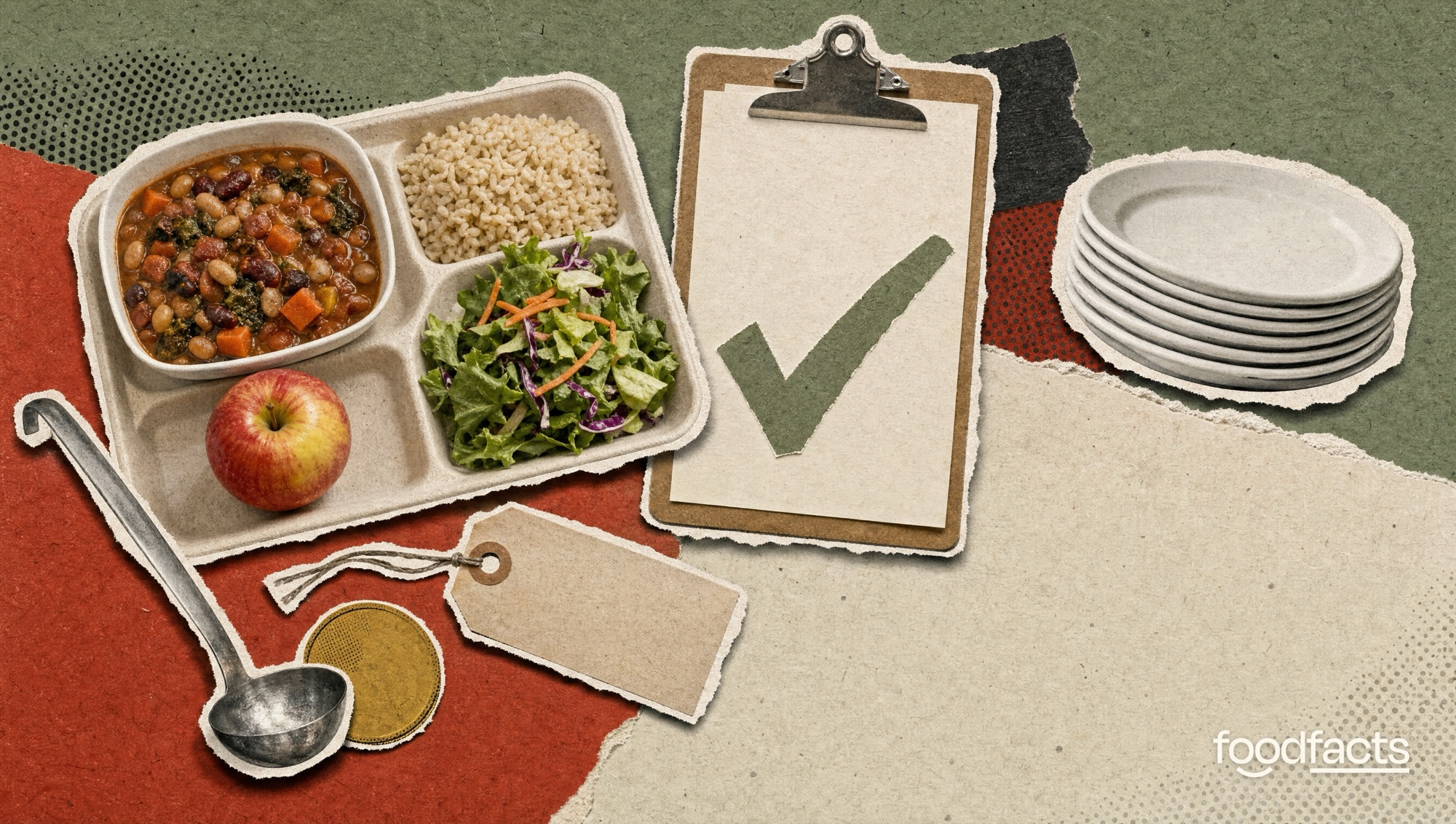 Collage of a school canteen tray with a bean stew, rice, salad and an apple beside a ticked clipboard and a stack of plates, representing public food procurement