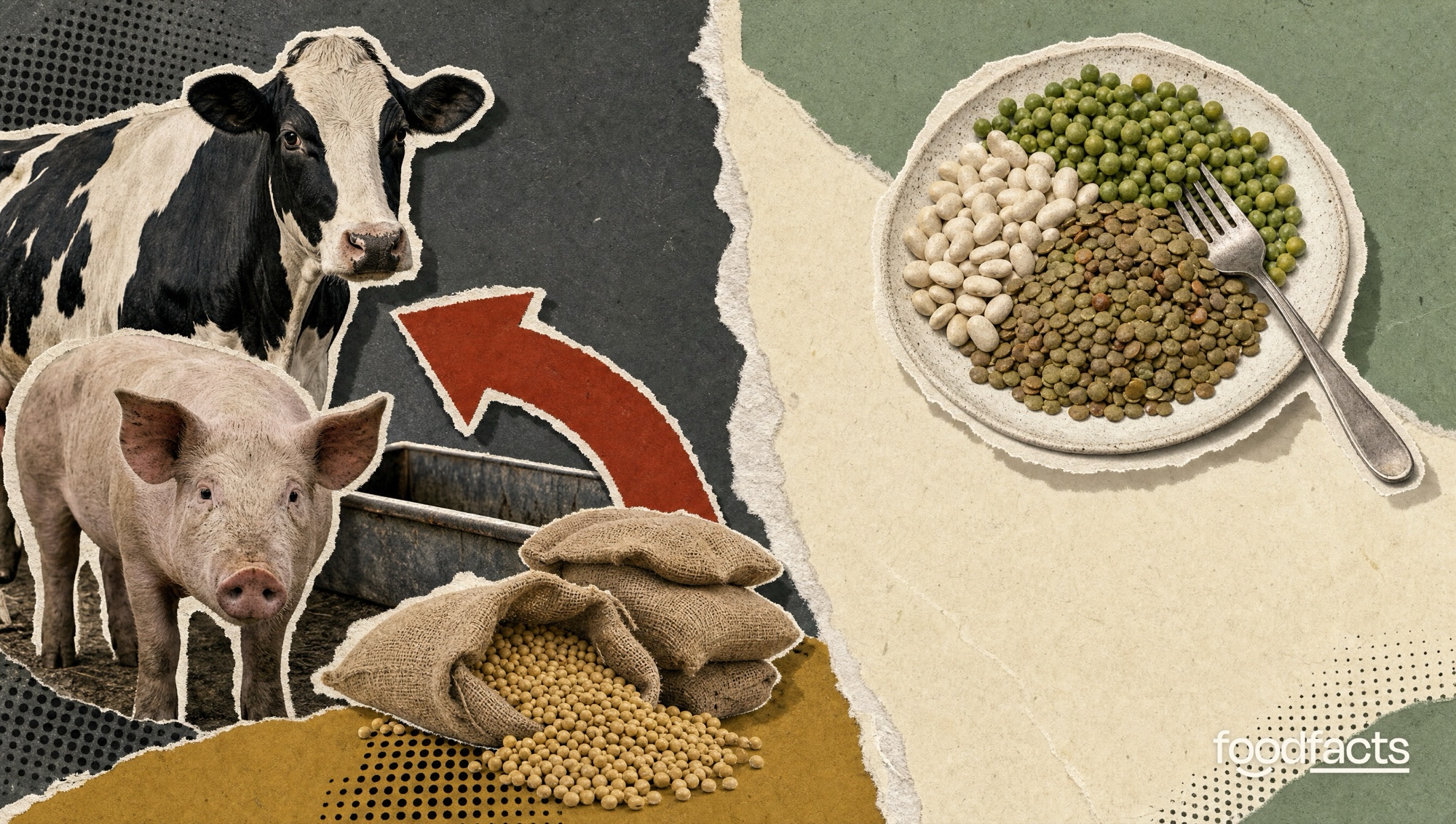 Collage split by a torn-paper seam: livestock beside sacks of soybeans on one side, a plate of lentils, beans and peas on the other, representing feed versus food