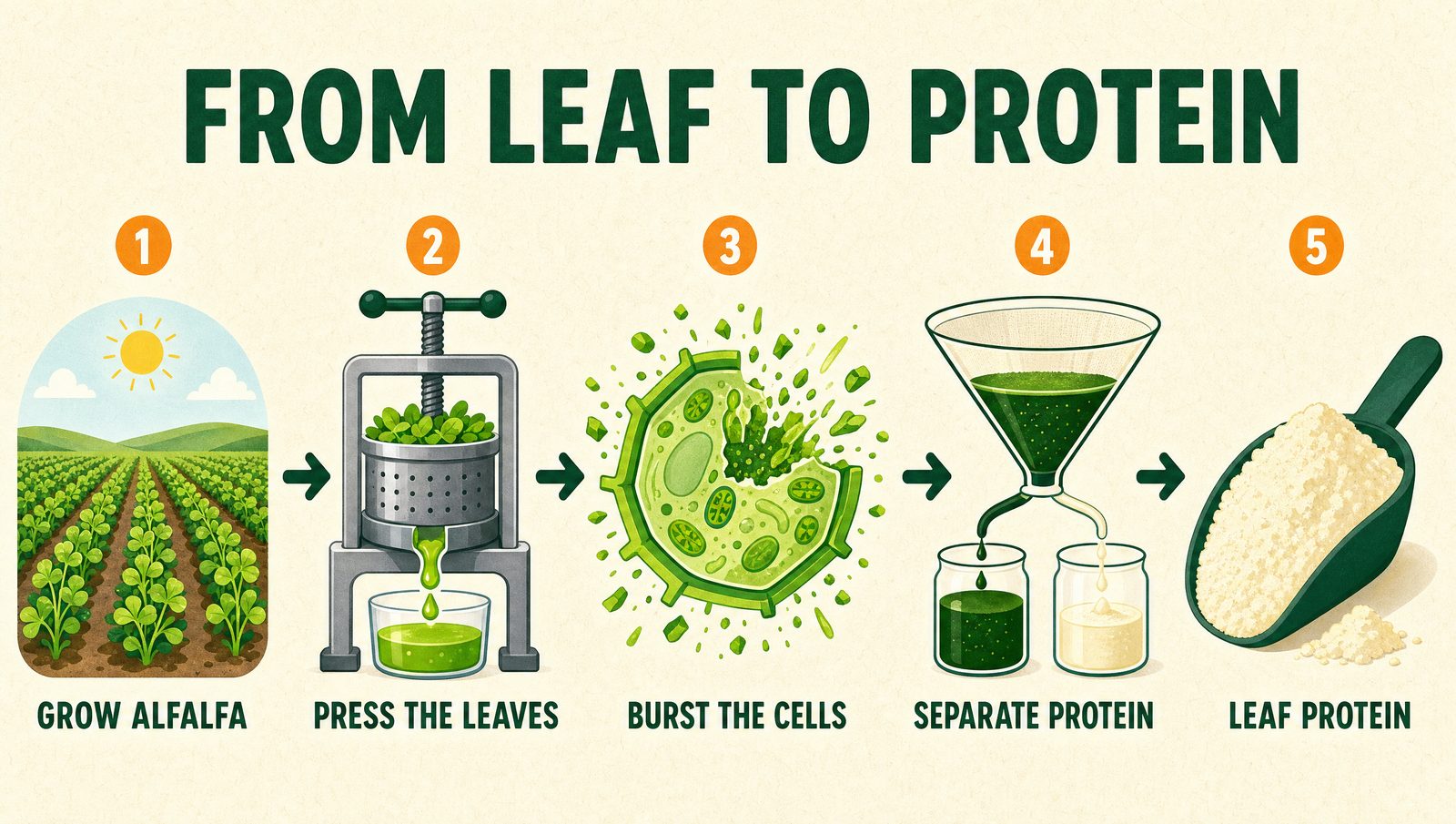 Infographic: from leaf to protein in five steps: grow alfalfa, press the leaves, burst the cells, separate the protein, leaf protein.