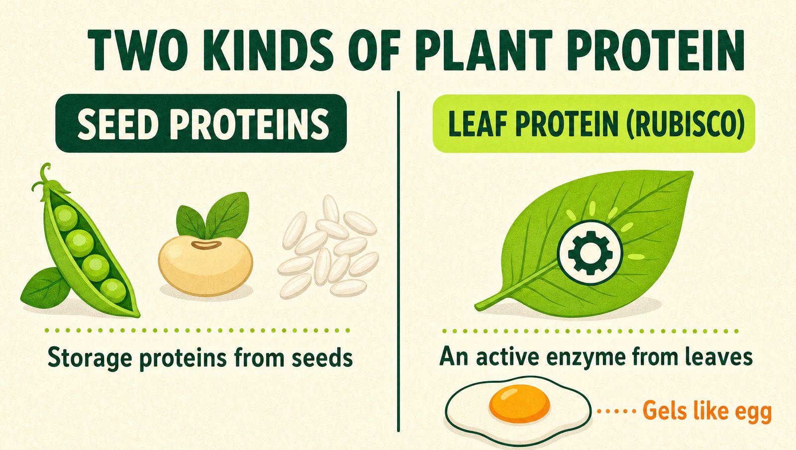Infographic: two kinds of plant protein. Seed proteins (pea, soy, rice) are storage proteins milled from seeds; leaf protein, rubisco, is an active enzyme from living leaves that gels like egg.