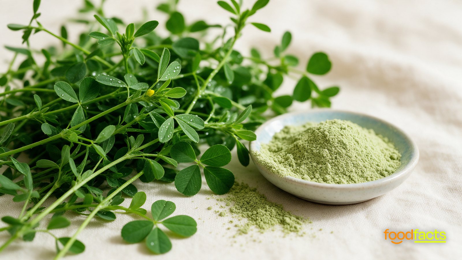 A lush bunch of fresh green alfalfa (lucerne) beside a small dish of pale green leaf-protein powder on cream linen.