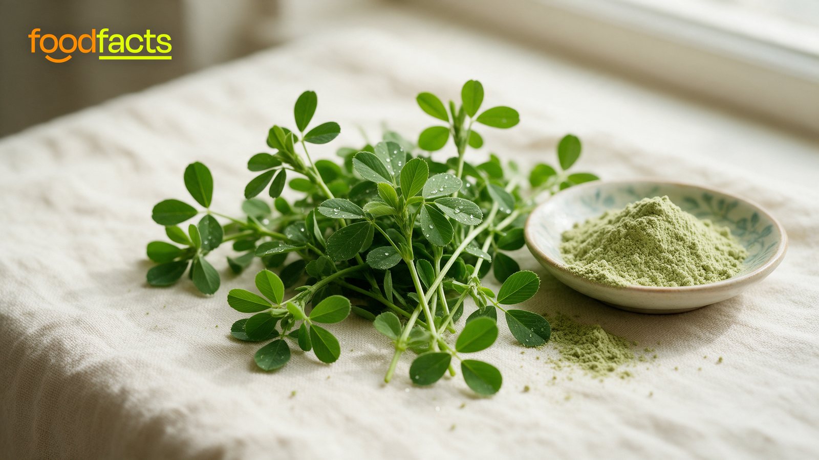 A lush bunch of fresh green alfalfa (lucerne) beside a small dish of pale green leaf-protein powder on cream linen.