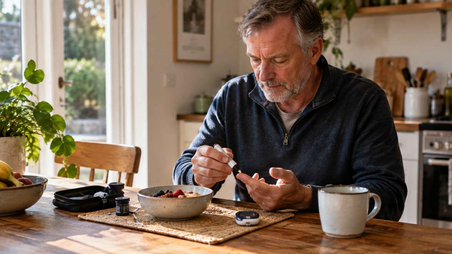 Diabetic man checking blood glucose levels