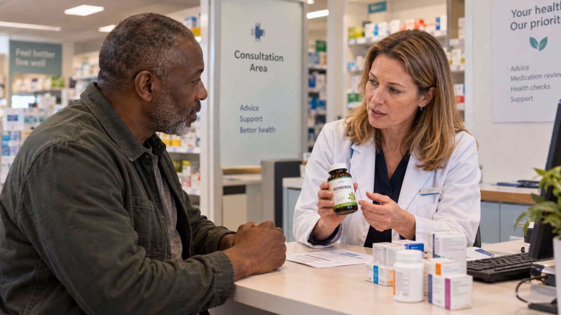 A pharmacist talking to a patient about the potential benefits and risks of berberine supplementsf