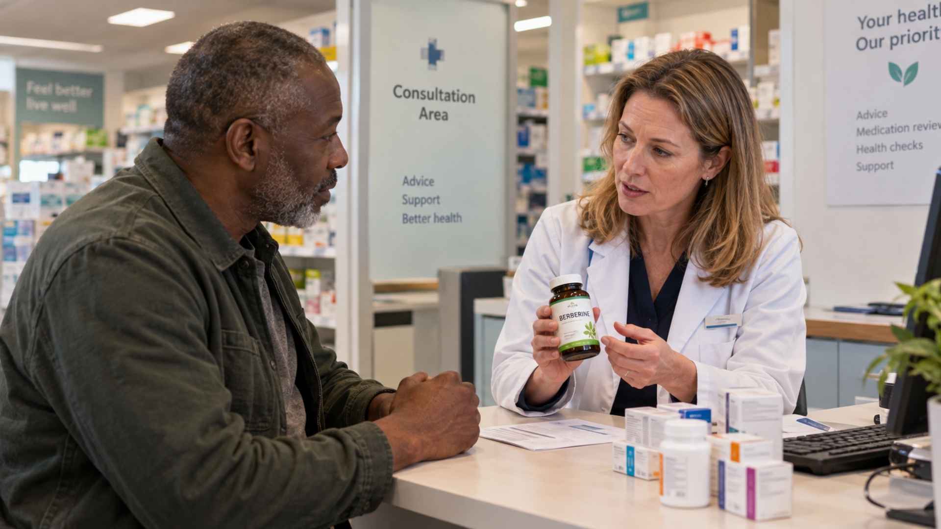 A pharmacist talking to a patient about the potential benefits and risks of berberine supplementsf