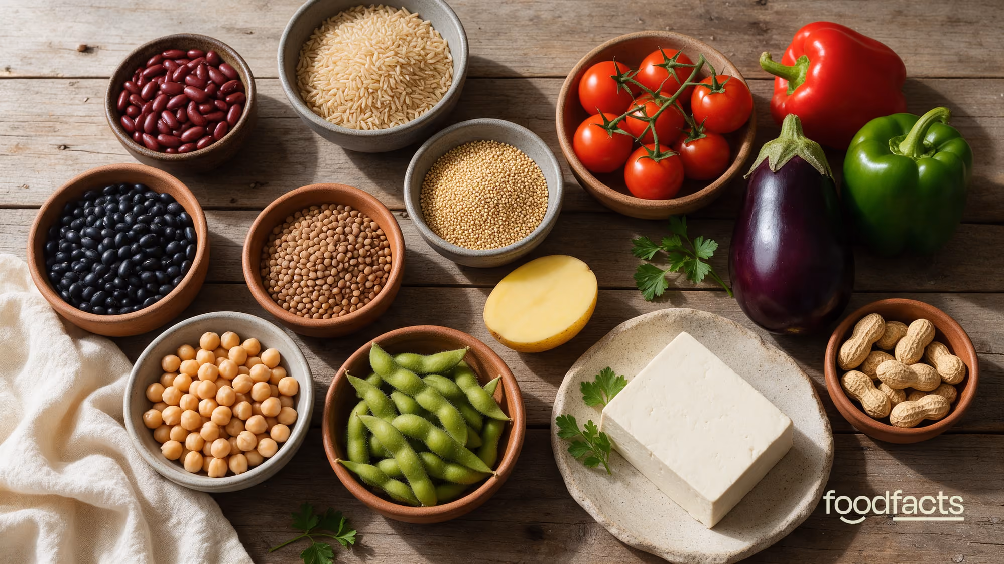 Overhead flat-lay of ceramic bowls filled with lectin-containing whole plant foods on a rustic wooden table: kidney beans, black beans, lentils, chickpeas, peanuts, brown rice, quinoa, tomatoes, aubergine, peppers, potato, edamame and tofu, in soft natural light.