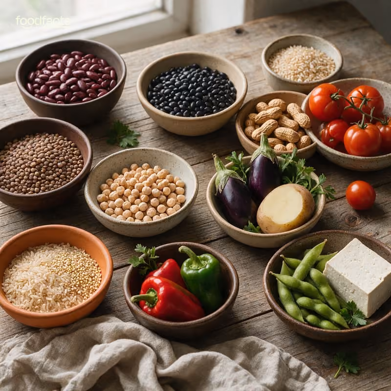 Overhead flat-lay of ceramic bowls filled with lectin-containing whole plant foods on a rustic wooden table: kidney beans, black beans, lentils, chickpeas, peanuts, brown rice, quinoa, tomatoes, aubergine, peppers, potato, edamame and tofu, in soft natural light.