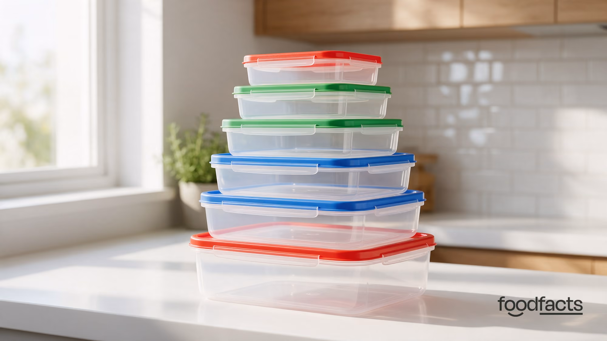 A tidy stack of clear empty plastic food-storage containers with red, blue and green snap-on lids on a bright kitchen counter beside a window.