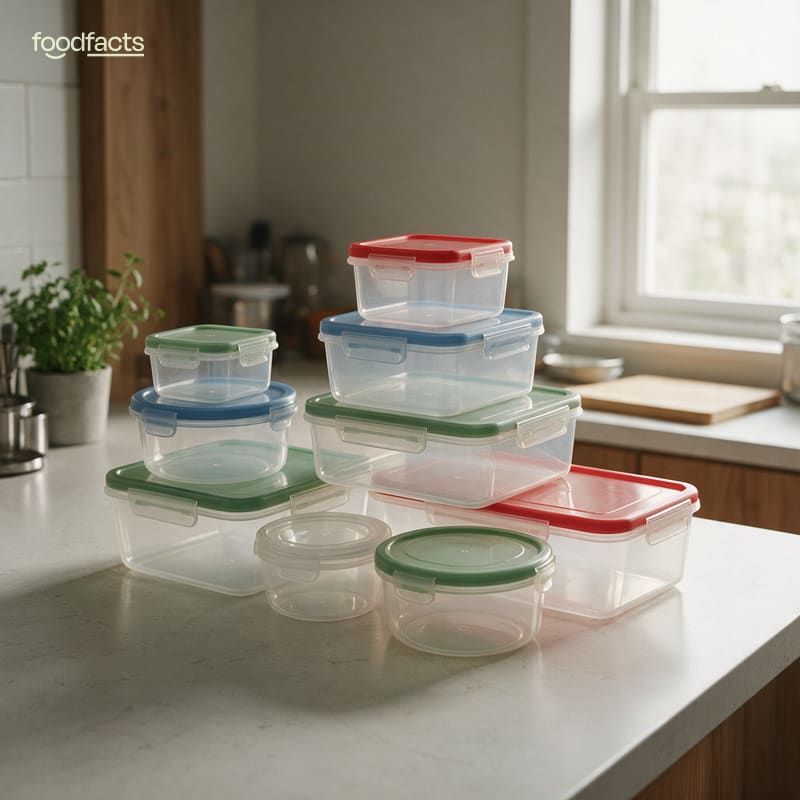 A tidy stack of clear empty plastic food-storage containers with red, blue and green snap-on lids on a bright kitchen counter beside a window.