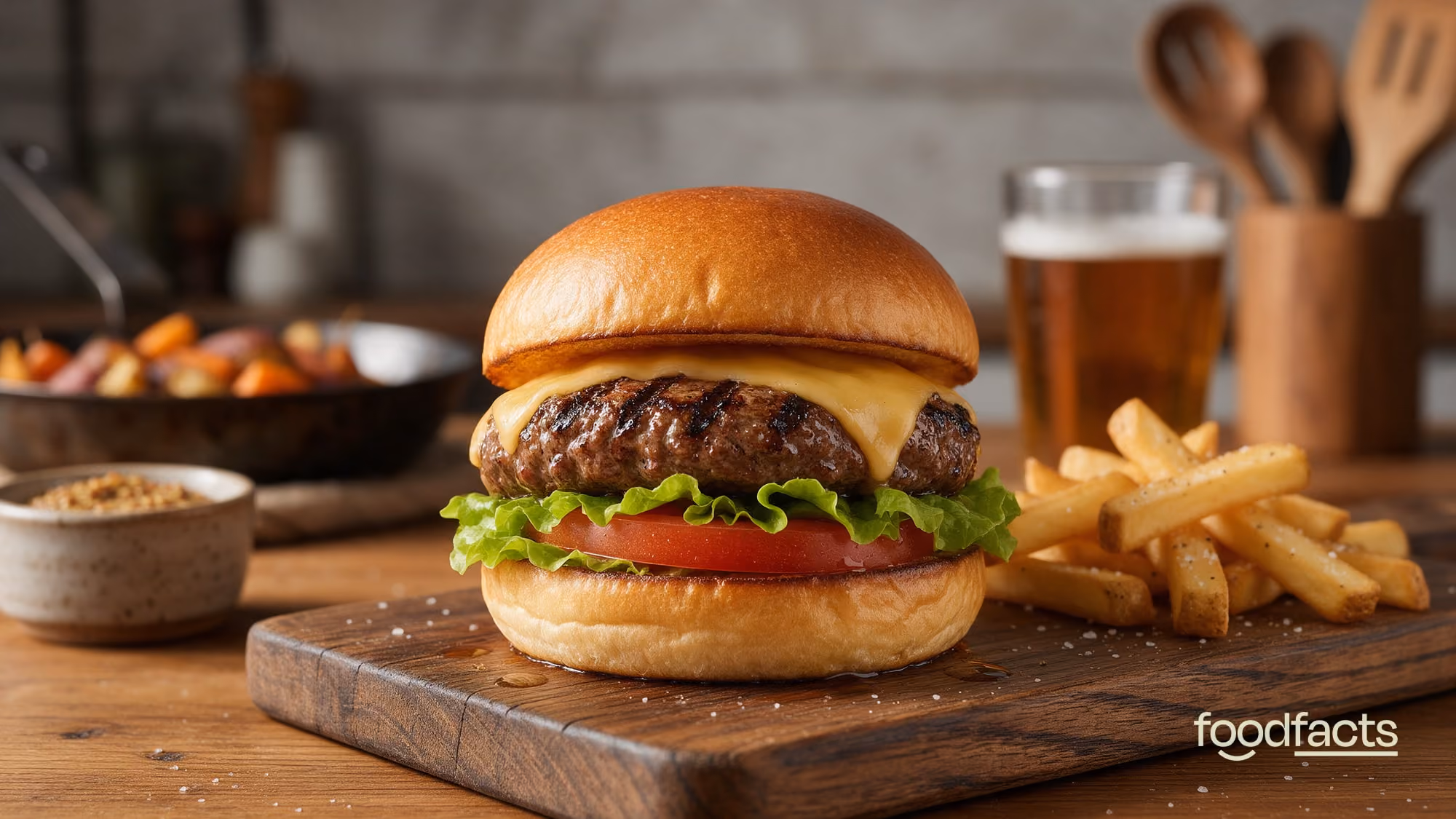 A freshly grilled cheeseburger with lettuce and tomato on a toasted brioche bun, served on a wooden board with fries and a glass of beer in a home kitchen — the everyday food at the centre of the cultivated (lab-grown) meat debate.