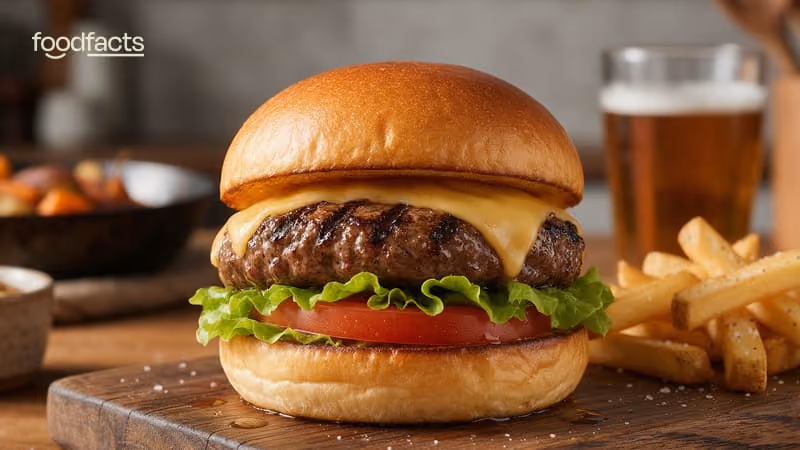 A freshly grilled cheeseburger with lettuce and tomato on a toasted brioche bun, served on a wooden board with fries and a glass of beer in a home kitchen — the everyday food at the centre of the cultivated (lab-grown) meat debate.