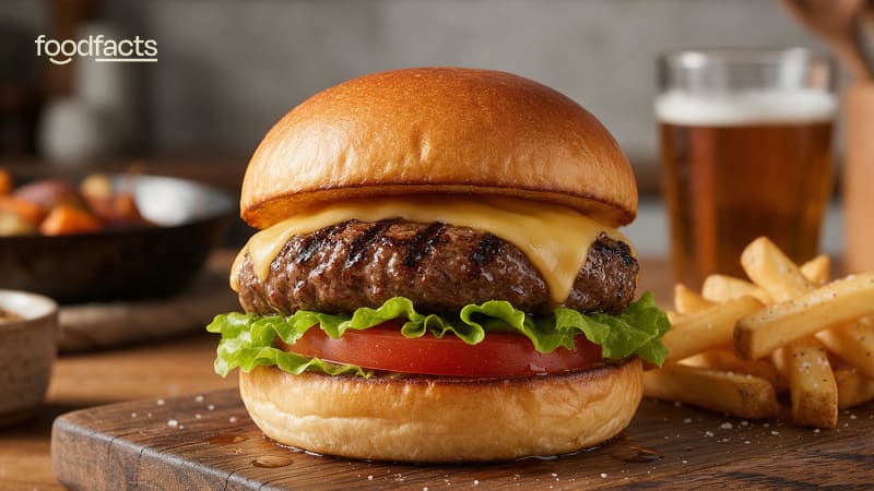 A freshly grilled cheeseburger with lettuce and tomato on a toasted brioche bun, served on a wooden board with fries and a glass of beer in a home kitchen — the everyday food at the centre of the cultivated (lab-grown) meat debate.