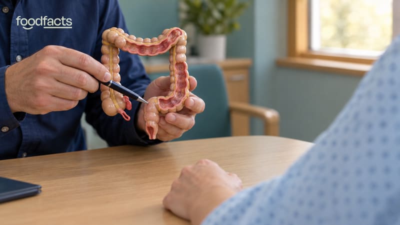 A person holds an anatomical model of the large intestine whilst sitting at a table with another person.