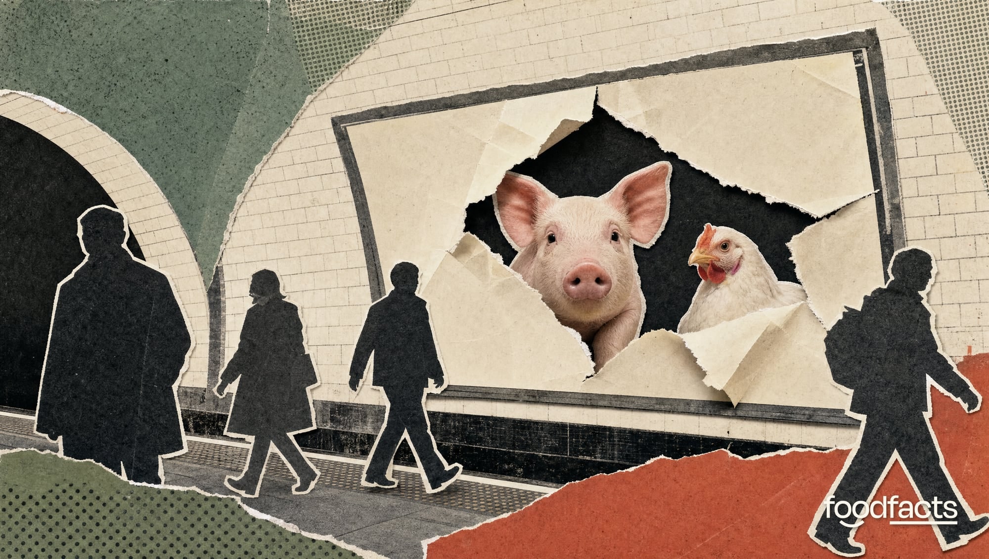 Paper collage of a torn poster on a London Underground platform revealing a pig and a chicken, with commuters walking past.