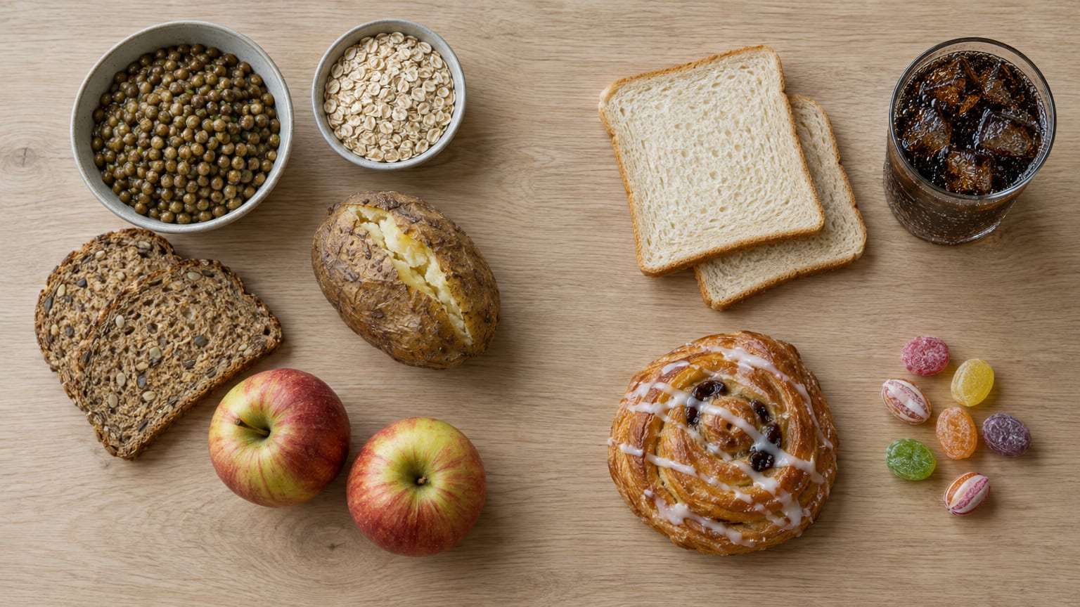 Fibre-rich carbohydrate foods (seeded wholegrain bread, lentils, oats, a baked potato and apples) next to refined options (white bread, a glass of cola, an iced pastry and boiled sweets)