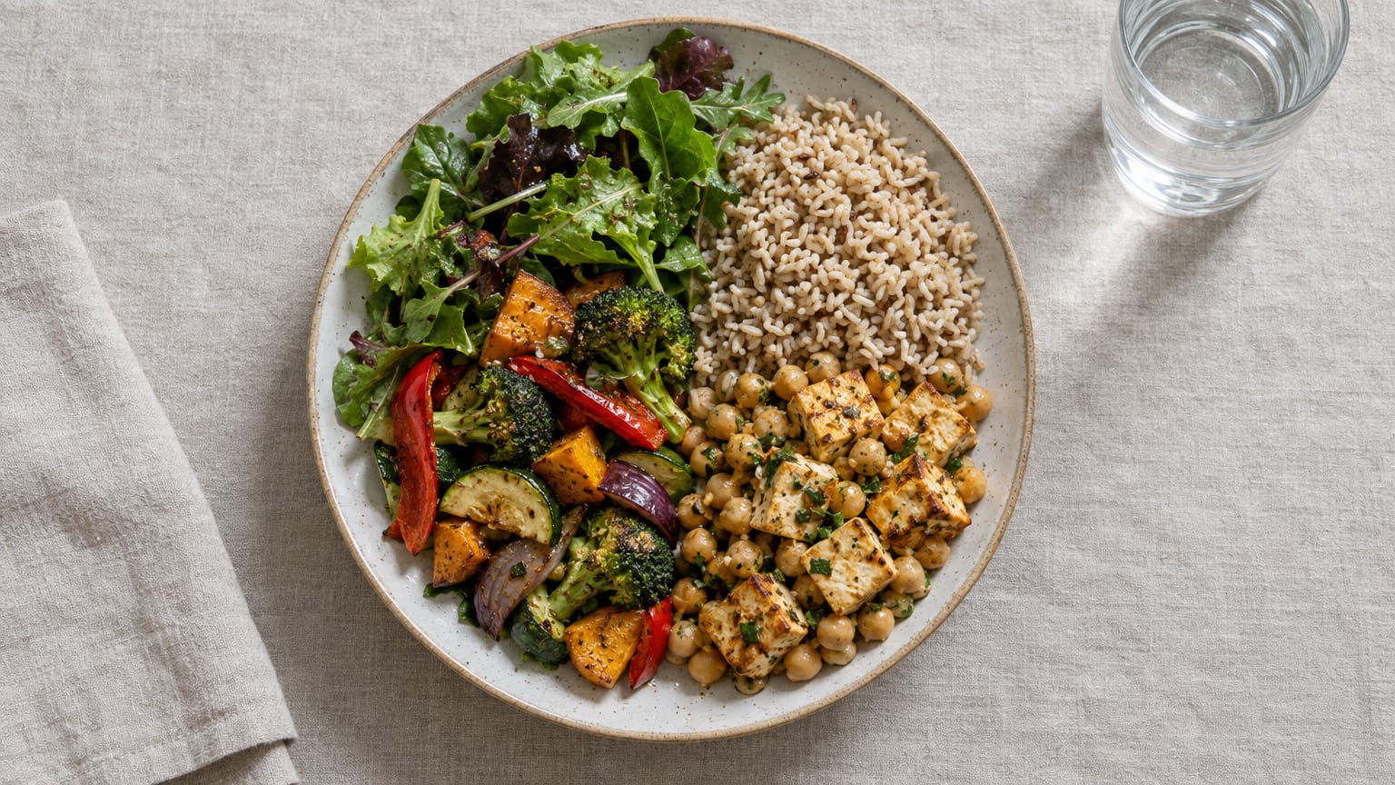 A plate filled half with salad and roasted vegetables, a quarter with brown rice and a quarter with chickpeas and tofu, next to a glass of water