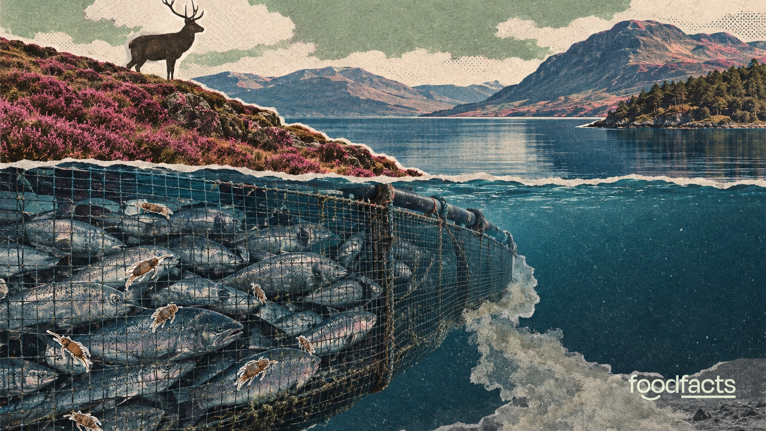 Paper collage of a Scottish loch with heather and a stag above the waterline, and below it a crowded salmon farm net cage, sea lice on the fish and a cloudy slick drifting down to a barren seabed.