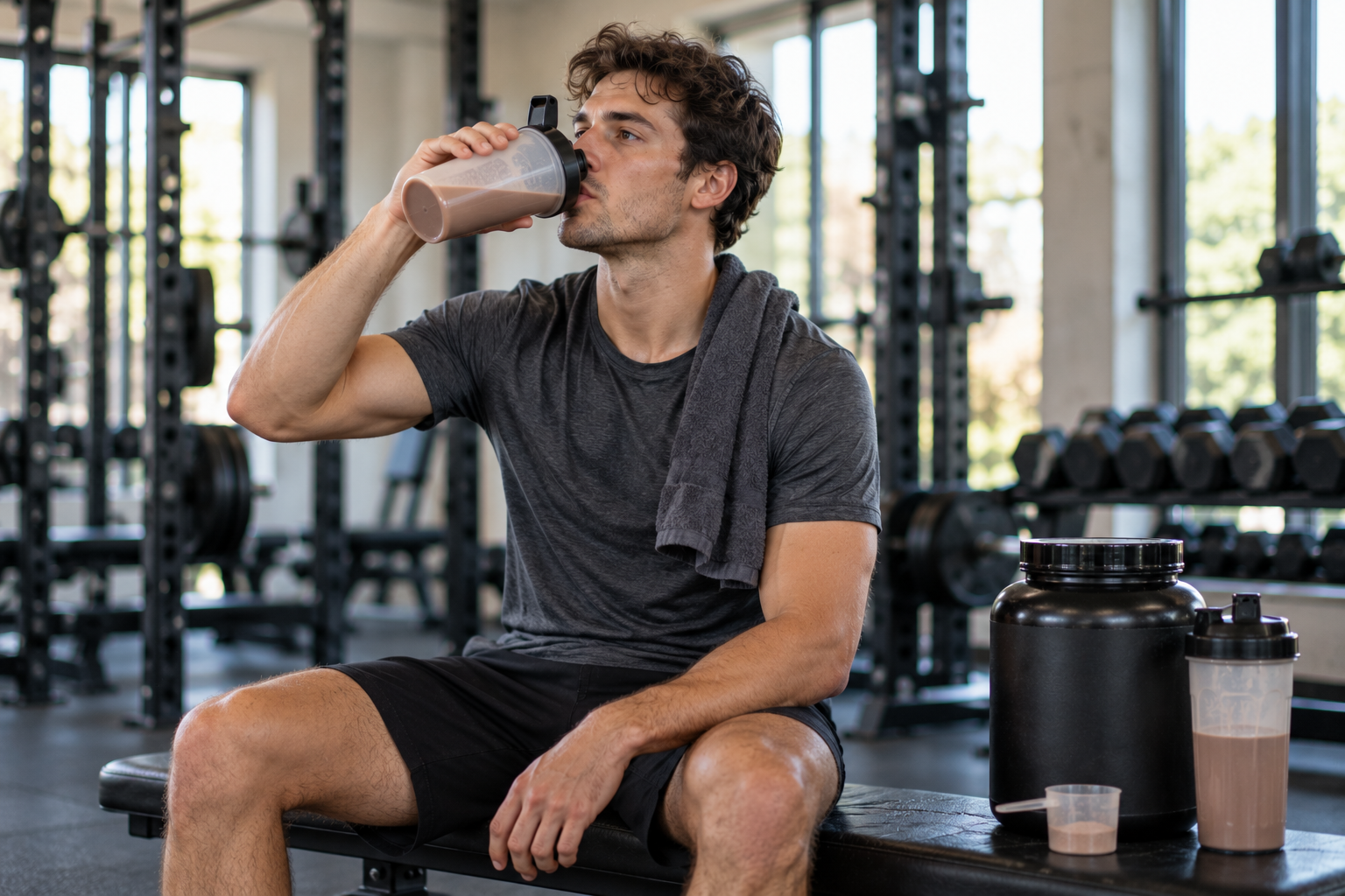 a young athletic male drinking protein shakes in the gym to meet very high perceived protein target
