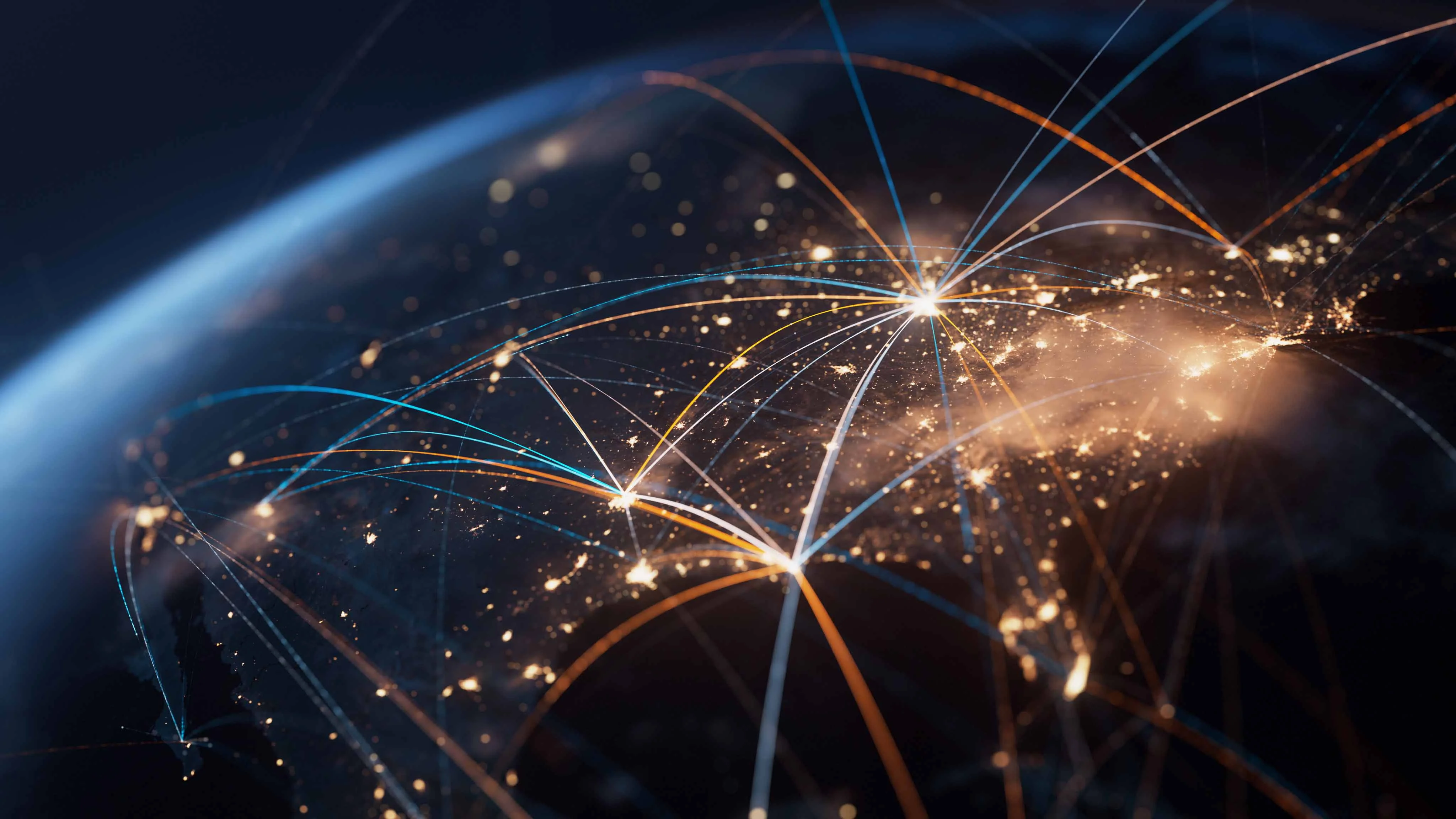 Glowing network lines connecting bright city lights across a nighttime Earth view from space.