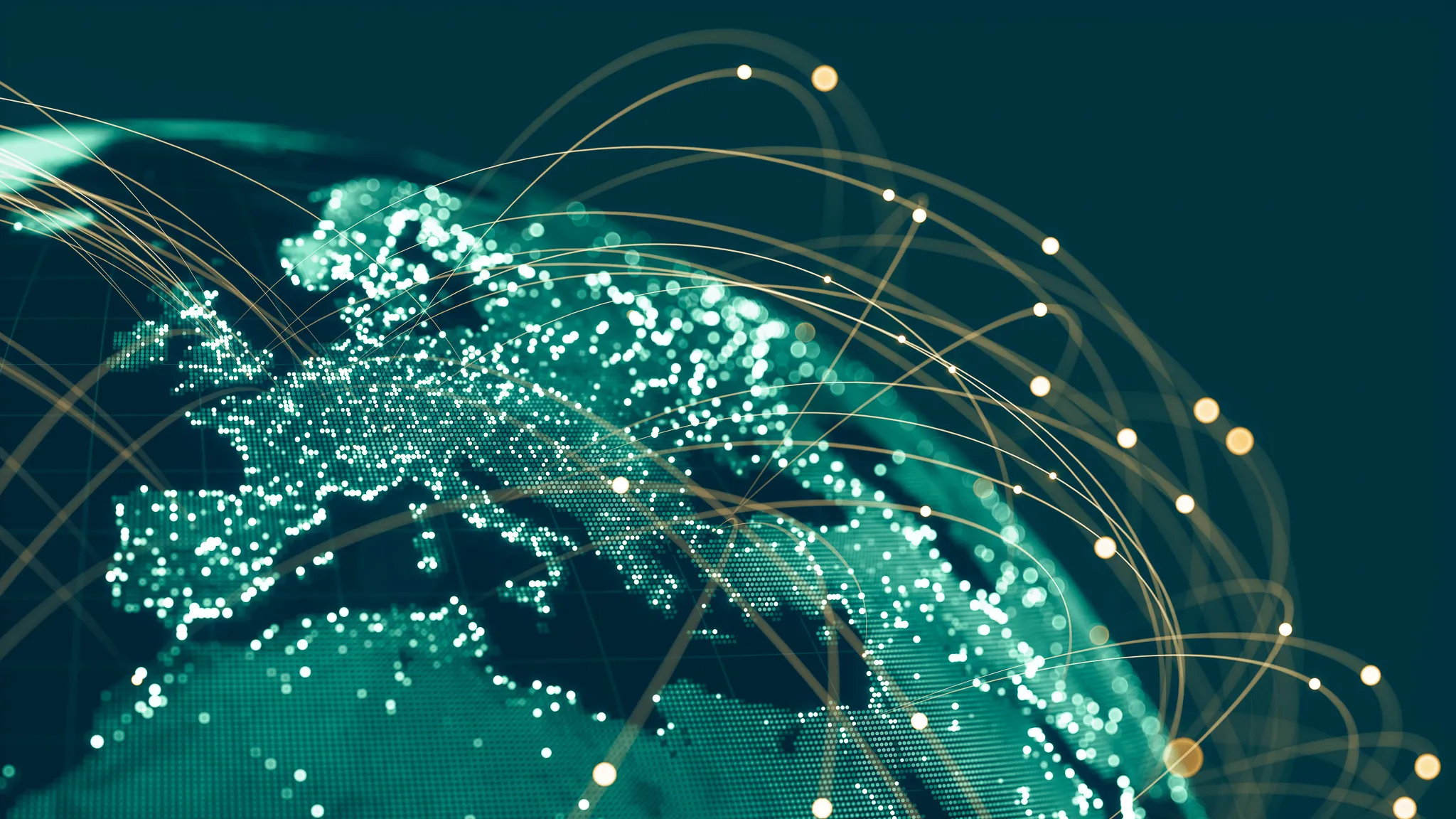 Digital illustration of Earth with illuminated network connections representing global data exchange.