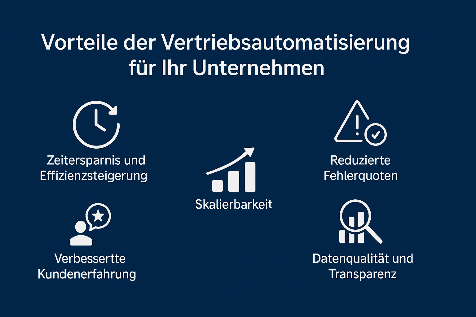 Infographic on a dark blue background titled 'Advantages of Sales Automation for Your Company'. Five benefits are presented through white icons and text: Time Savings and Efficiency Increase (Clock), Scalability (Bar chart with upward arrow), Reduced Error Rates (Exclamation mark in a triangle), Improved Customer Experience (Person icon with a star), and Data Quality and Transparency (Magnifying glass over a chart).